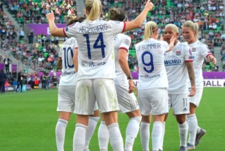 Lyon’s Norwegian striker Ada Hegerberg (C) celebrates scoring with her team-mates during the UEFA Women’s Champions League final football match Lyon v Barcelona in Budapest on May 18, 2019.