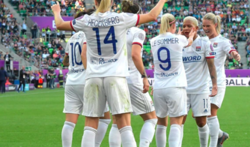 Lyon’s Norwegian striker Ada Hegerberg (C) celebrates scoring with her team-mates during the UEFA Women’s Champions League final football match Lyon v Barcelona in Budapest on May 18, 2019.