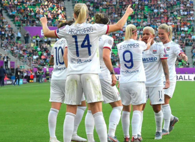 Lyon’s Norwegian striker Ada Hegerberg (C) celebrates scoring with her team-mates during the UEFA Women’s Champions League final football match Lyon v Barcelona in Budapest on May 18, 2019. 